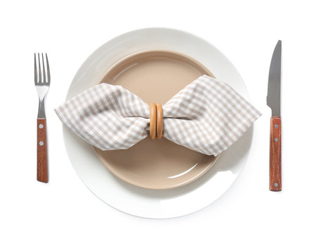 Elegant table setting on white background, top viewの写真素材