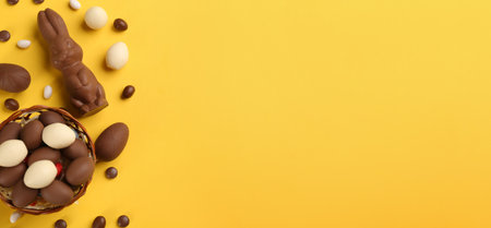 Flat lay composition with chocolate Easter bunny, eggs and candies on yellow background. Space for textの写真素材