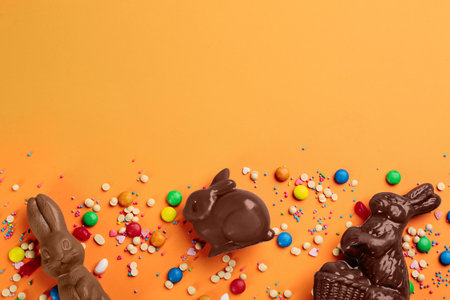 Flat lay composition with chocolate Easter bunnies and candies on orange background. Space for textの写真素材