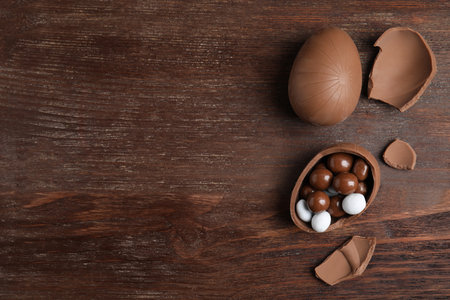 Whole and broken chocolate eggs with candies on wooden table, flat lay. Space for textの写真素材