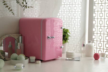 Cosmetics refrigerator and skin care products on white table indoorsの写真素材