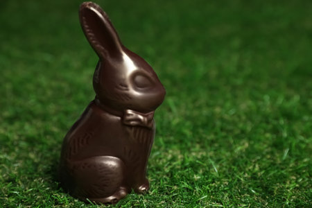 Chocolate bunny on green grass, space for text. Easter celebrationの写真素材