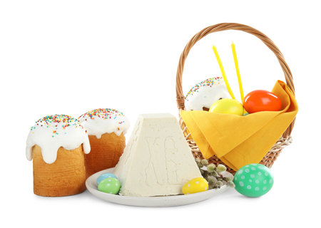 Composition with traditional cottage cheese Easter paskha on white background
