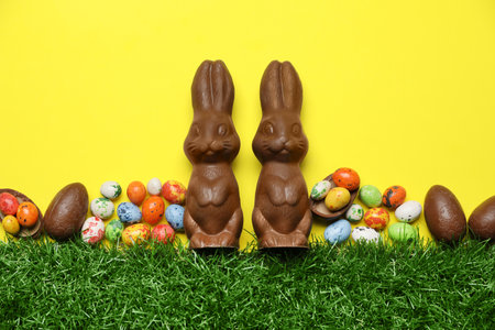 Chocolate Easter bunnies, egg and candies with green grass on yellow backgroundの写真素材