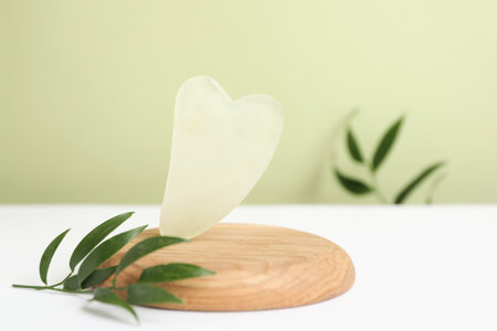 Jade gua sha tool  and green leaf on white tableの写真素材
