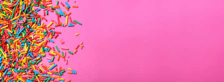 Bright colorful sprinkles on pink background, flat lay with space for text. Confectionery decorの写真素材
