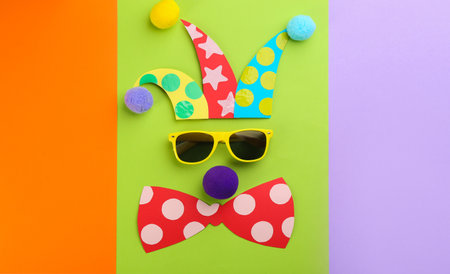 Flat lay composition clown's face made of sunglasses, hat and bow tie on color background