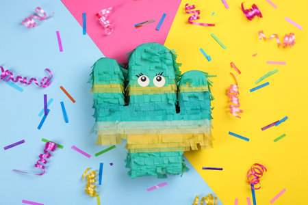 Cactus shaped pinata, streamers and glitter on color background, flat layの写真素材