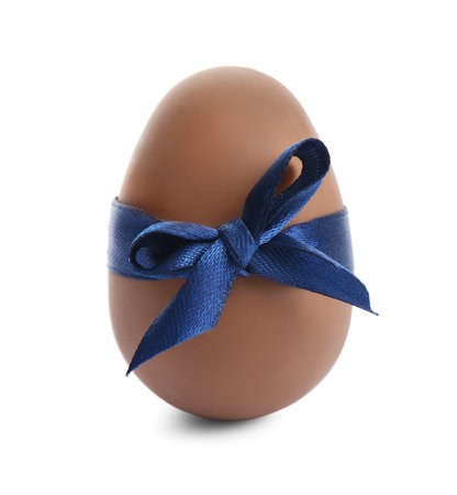 Chocolate egg with blue bow isolated on whiteの写真素材