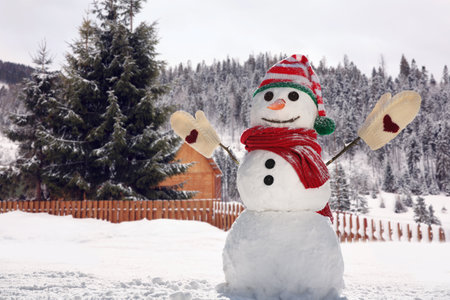 Funny snowman outdoors on sunny day, space for textの写真素材