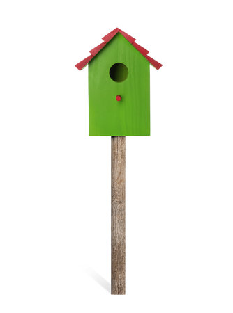 Beautiful wooden bird box isolated on whiteの写真素材