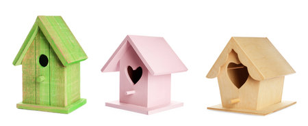 Set with different beautiful bird houses on white background, banner designの写真素材