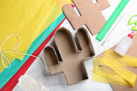 Materials and tools on white wooden table, flat lay. Cactus pinata DIYの写真素材