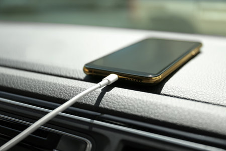 Smartphone with USB charging cable in modern car, closeupの写真素材