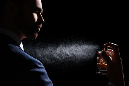 Man spraying luxury perfume on black background, closeupの写真素材