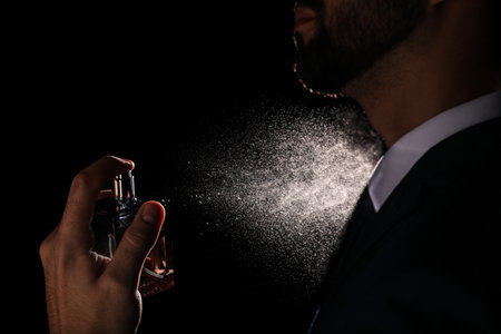 Man spraying luxury perfume on black background, closeupの写真素材