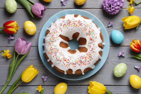 Glazed Easter cake with sprinkles, painted eggs and flowers on grey wooden table, flat layの写真素材