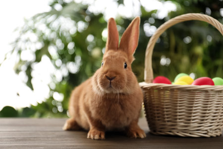 Cute bunny and basket with Easter eggs on table against blurred backgroundの写真素材