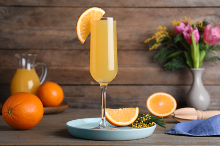 Glass of Mimosa cocktail with garnish on wooden tableの写真素材