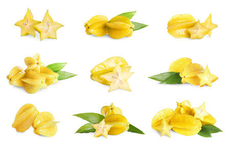 Set with delicious ripe carambola fruits on white backgroundの写真素材