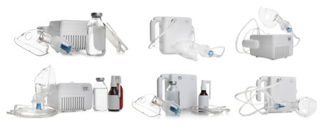 Set of modern nebulizers on white background, banner design. Inhalation equipment