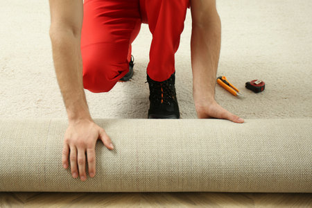 Worker rolling out new carpet flooring indoors, closeupの写真素材