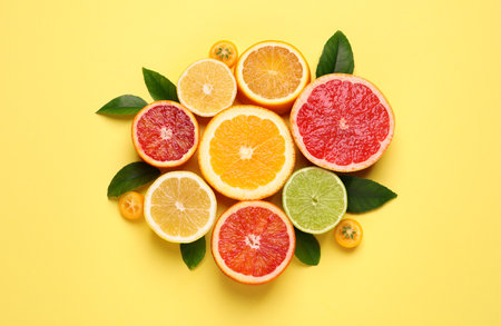 Fresh juicy citrus fruits with green leaves on light yellow background, flat layの写真素材