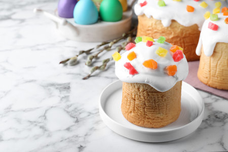 Beautiful Easter cake on white marble table. Space for textの写真素材
