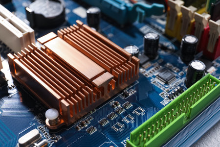 Computer motherboard as background, closeup. Electronic device