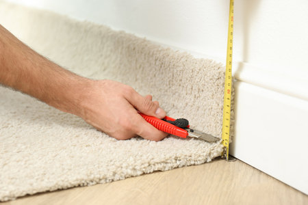 Worker with cutter knife and measuring tape installing new carpet indoors, closeupの写真素材
