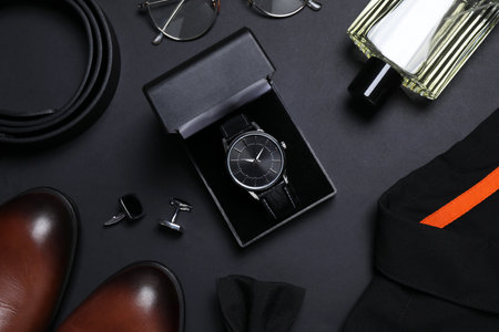Men set with stylish accessorizes on black background, flat layの写真素材