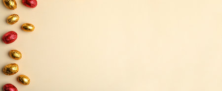 Chocolate eggs wrapped in red and golden foil on beige background, flat lay. Space for textの写真素材