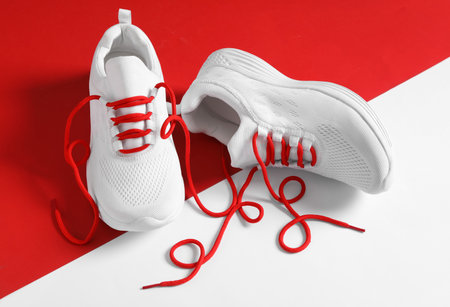Pair of stylish shoes with red laces on color backgroundの写真素材