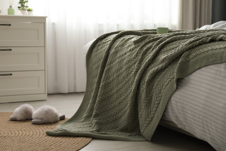 Comfortable bed with knitted green plaid in stylish room interior