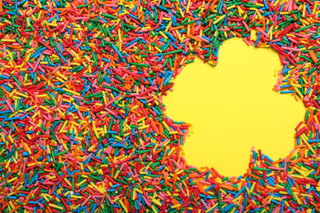 Clover shaped frame of sprinkles on yellow background, flat lay with space for text. Confectionery decorの写真素材