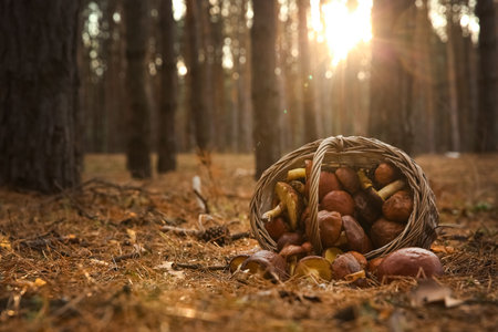 Basket with fresh boletus mushrooms in forestの写真素材