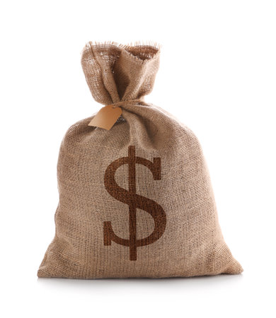 Burlap bag with dollar sign on white backgroundの写真素材