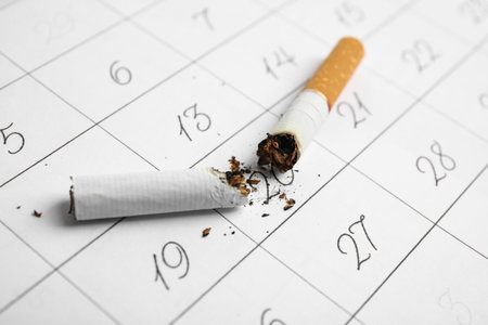 Cigarette stubs on calendar sheet. Quitting smoking conceptの写真素材