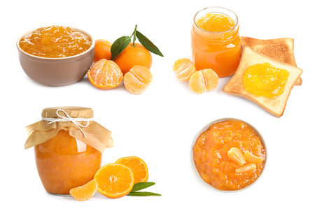 Set with delicious tangerine jam on white backgroundの写真素材
