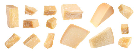 Set with pieces of delicious parmesan cheese on white background. banner designの写真素材