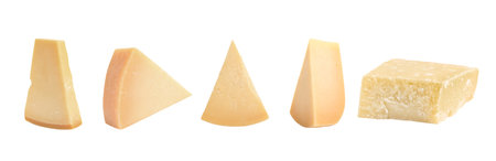 Set with pieces of delicious parmesan cheese on white background. banner designの写真素材