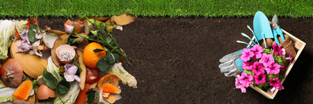 Gardening tools, flowers and organic waste for composting on soil, flat lay. natural fertilizer