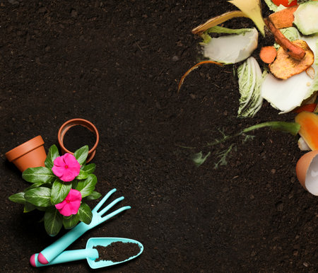 Gardening tools, flower and organic waste for composting on soil, flat lay. natural fertilizerの写真素材