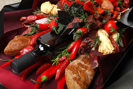 Beautiful edible bouquet with meat, cheese and vegetables on wooden table, closeupの写真素材