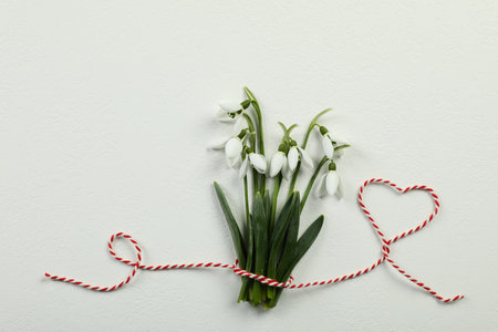 Beautiful snowdrops with traditional cord martisor on white background, flat lay and space for text. Symbol of first spring dayの写真素材