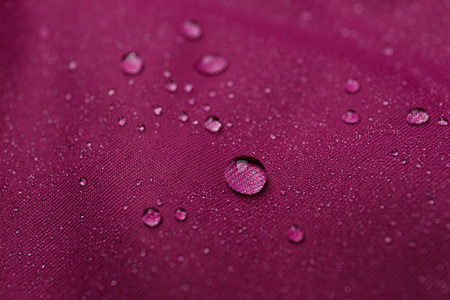 Dark pink waterproof fabric with water drops as background, closeupの写真素材