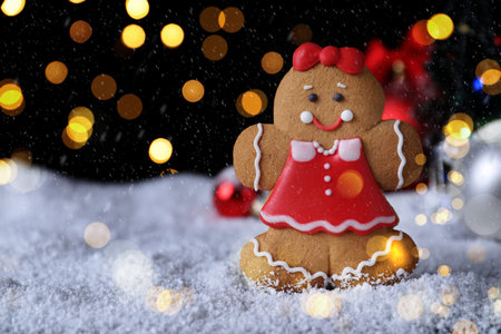 Gingerbread girl on snow against festive lights, closeup view with space for text. bokeh effectの写真素材