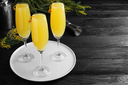 Glasses of Mimosa cocktail with garnish on dark wooden table. Space for textの写真素材