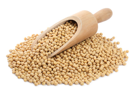 Soya beans with wooden scoop isolated on whiteの写真素材