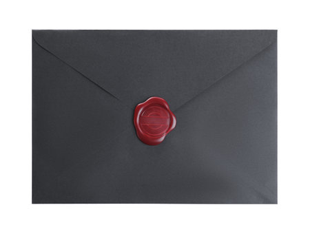 Black envelope with wax seal isolated on white, top viewの写真素材